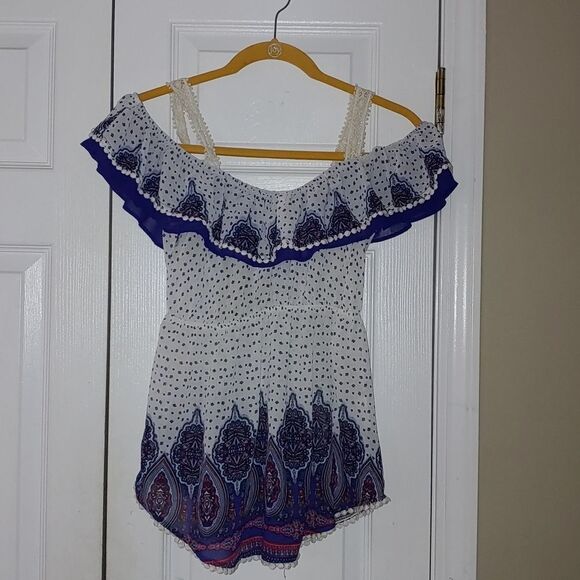 Jolt white blue off the shoulder boho top Sz XS - Picture 1 of 6